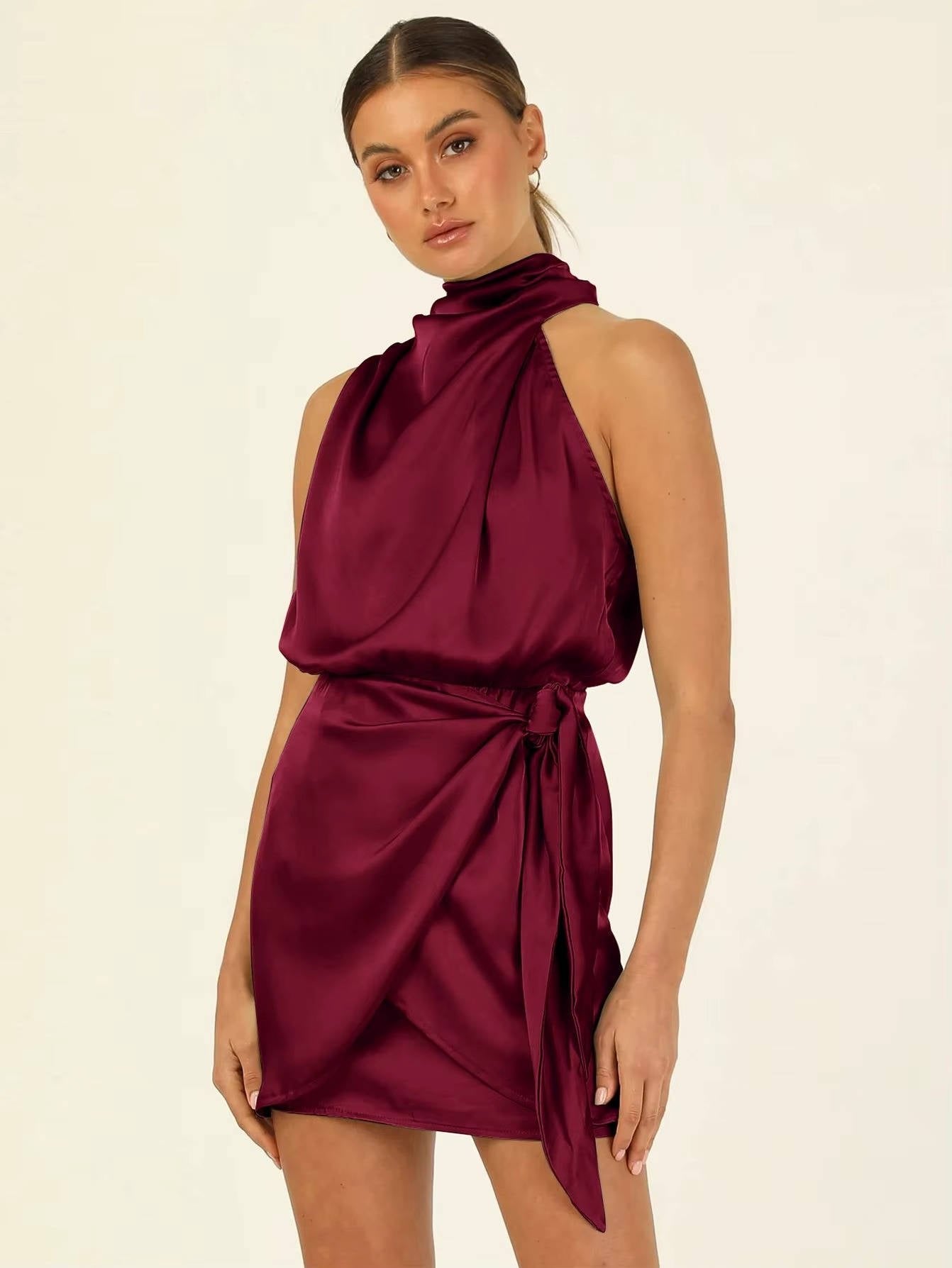 Women's Halter Satin Mini Dress - Burgundy Red