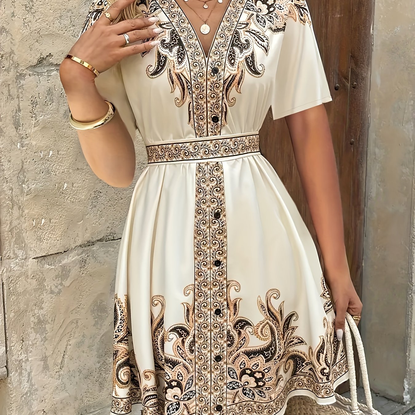 Women's Paisley Wrap Mini Dress - Apricot