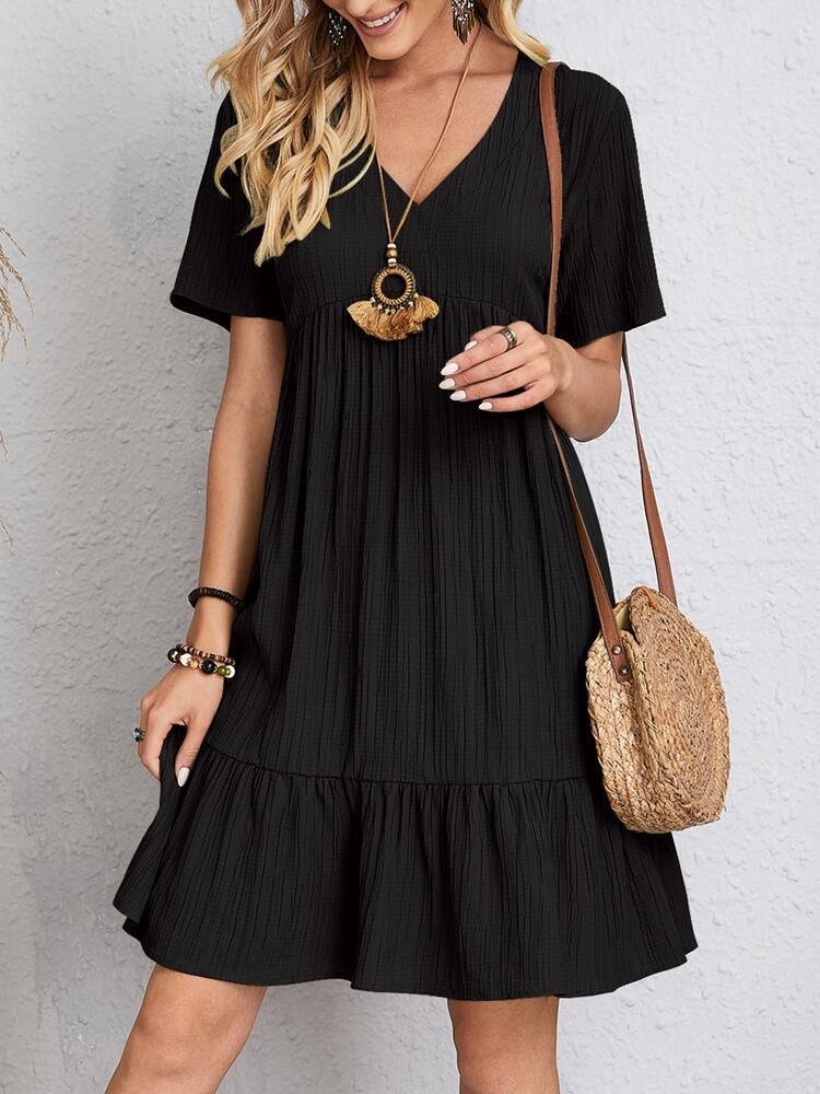 Women's V-Neck Vacation Mini Dress - Black