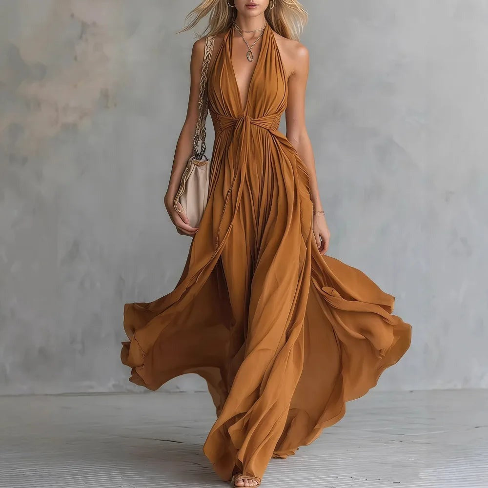 Grecian Goddess Maxi Dress - Brown