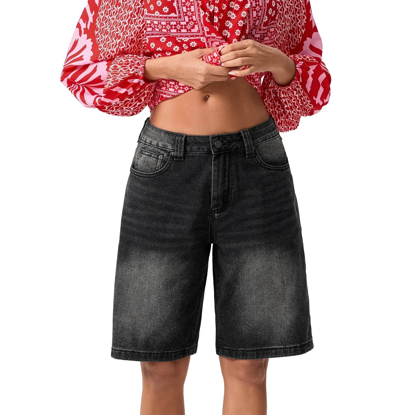 Women's Wide-Leg Denim Shorts - Distressed Black