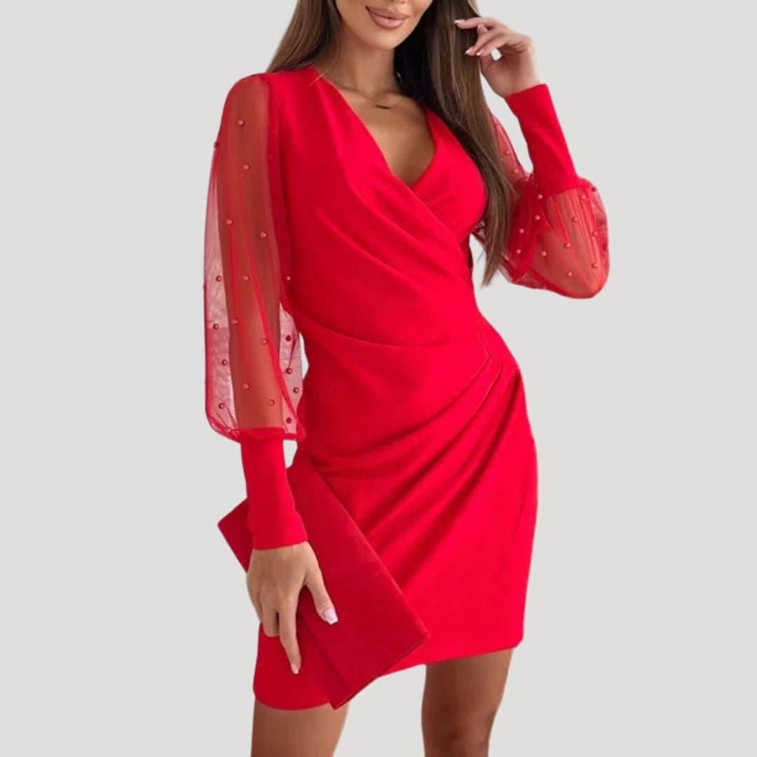 Mesh Sleeve Bodycon Mini Dress - Red