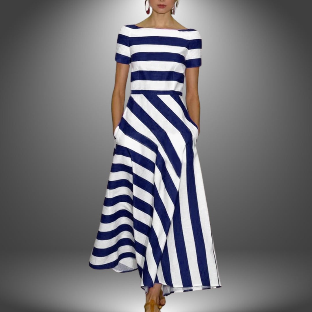 Striped A Line Maxi Dress - Blue