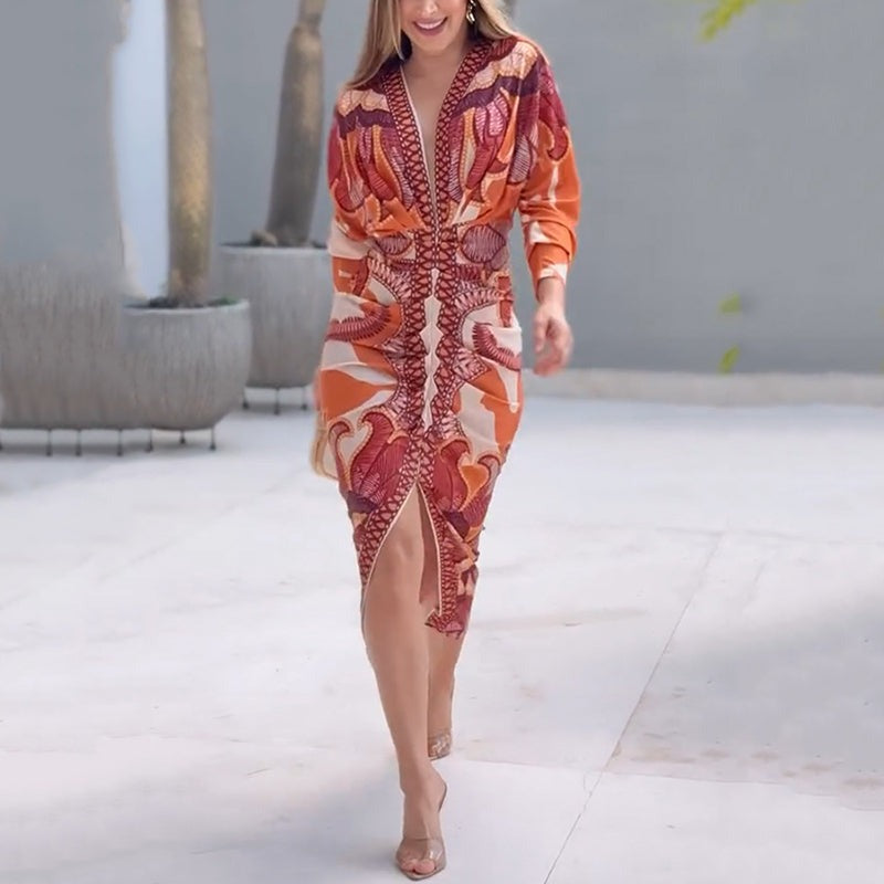 Printed Wrap Midi Dress