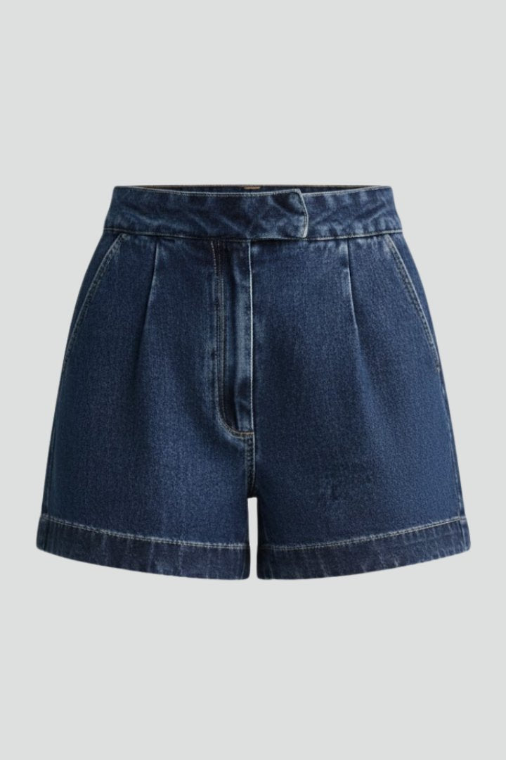 Women's High-Waisted Pleated Denim Shorts