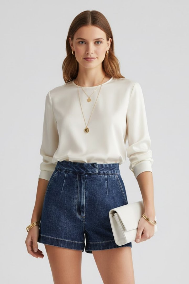 Women's High-Waisted Pleated Denim Shorts - Blue