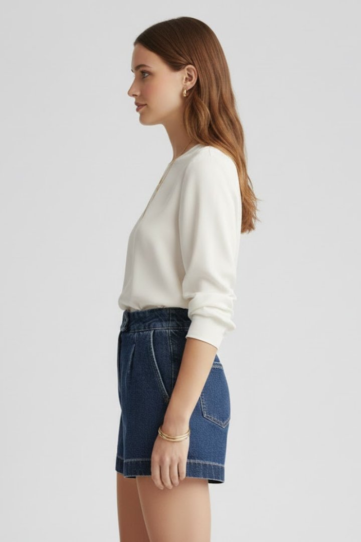 Women's High-Waisted Pleated Denim Shorts