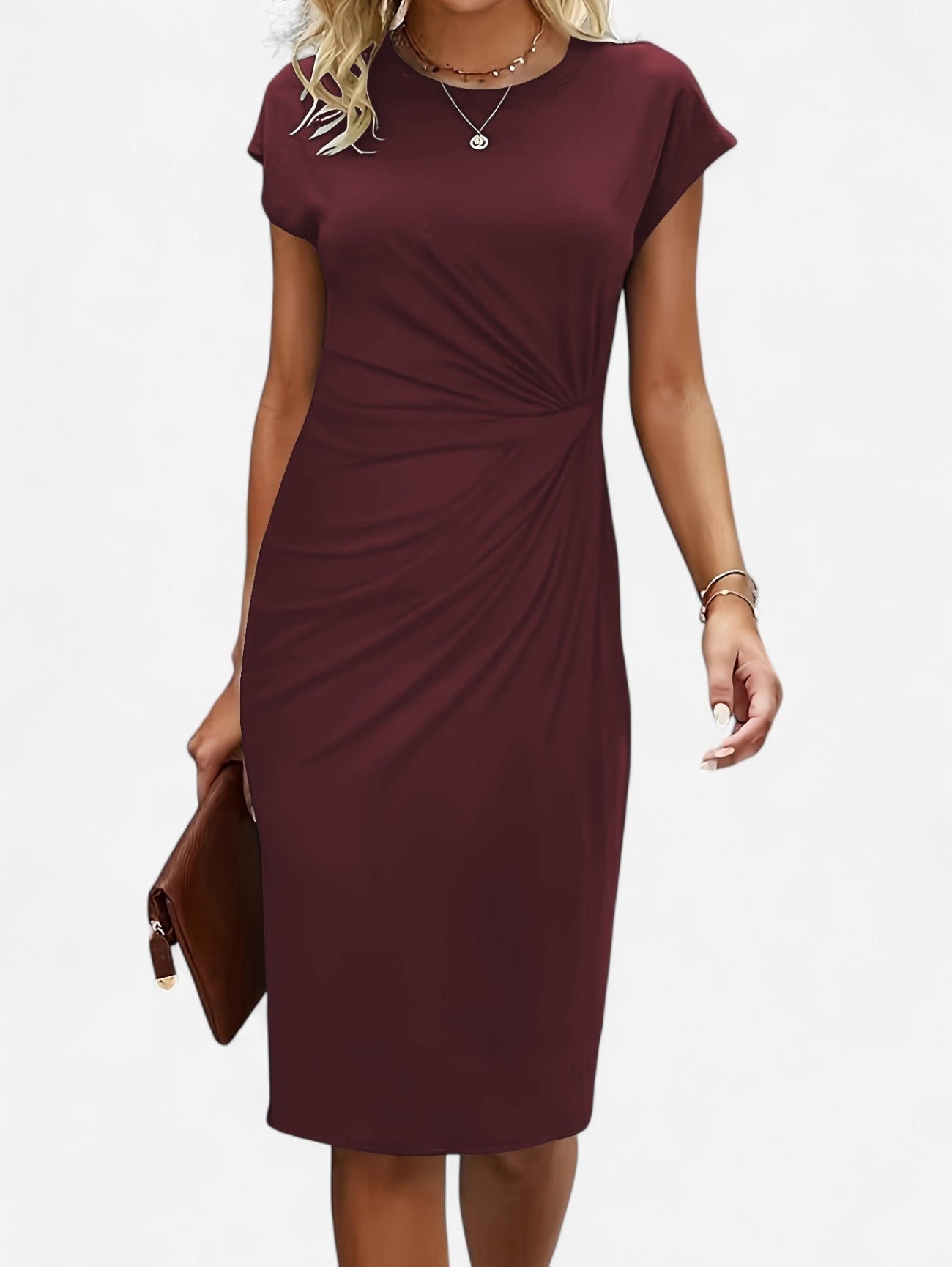 Ruched Bodycon Midi Dress - Brown