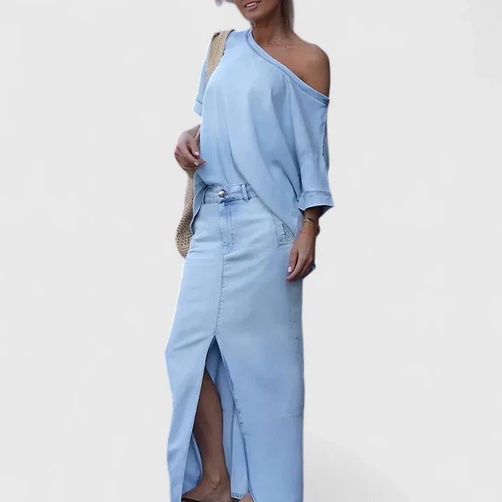 Women's Off-Shoulder Denim Maxi Skirt Set - Blue