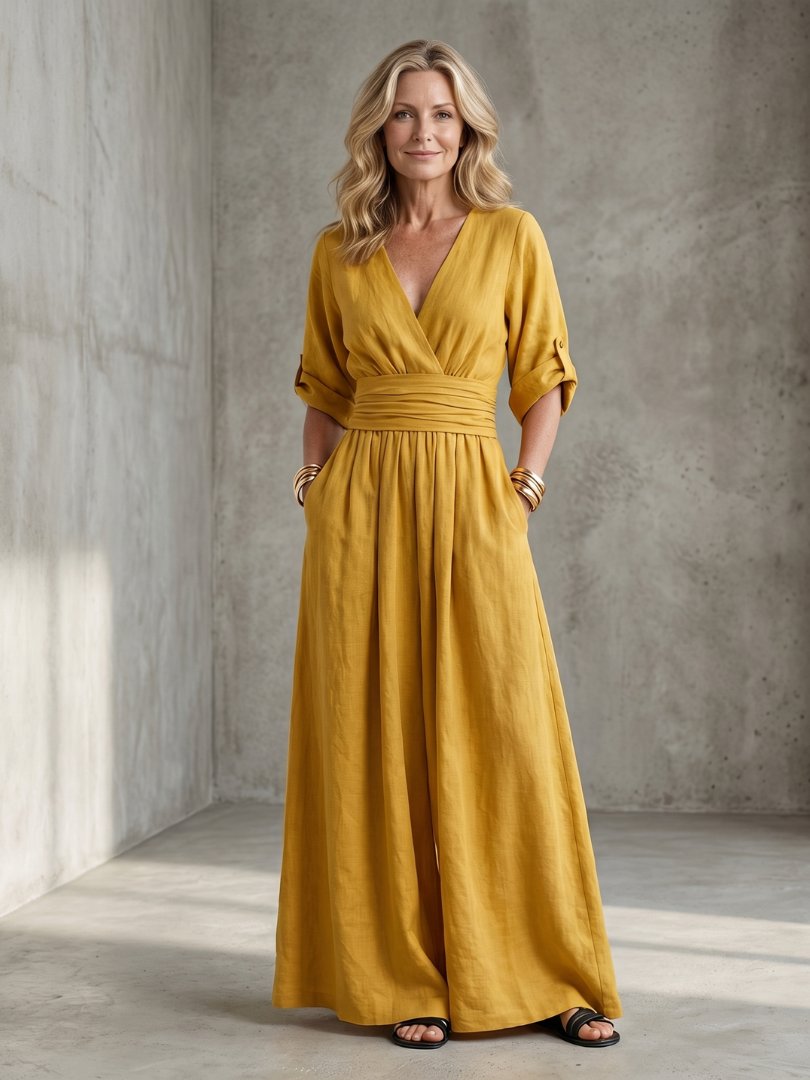Women's V-Neck Maxi Wrap Dress - Yellow
