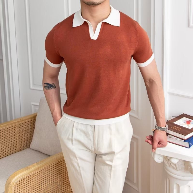 Short Sleeve Knit Polo Shirt - Rust