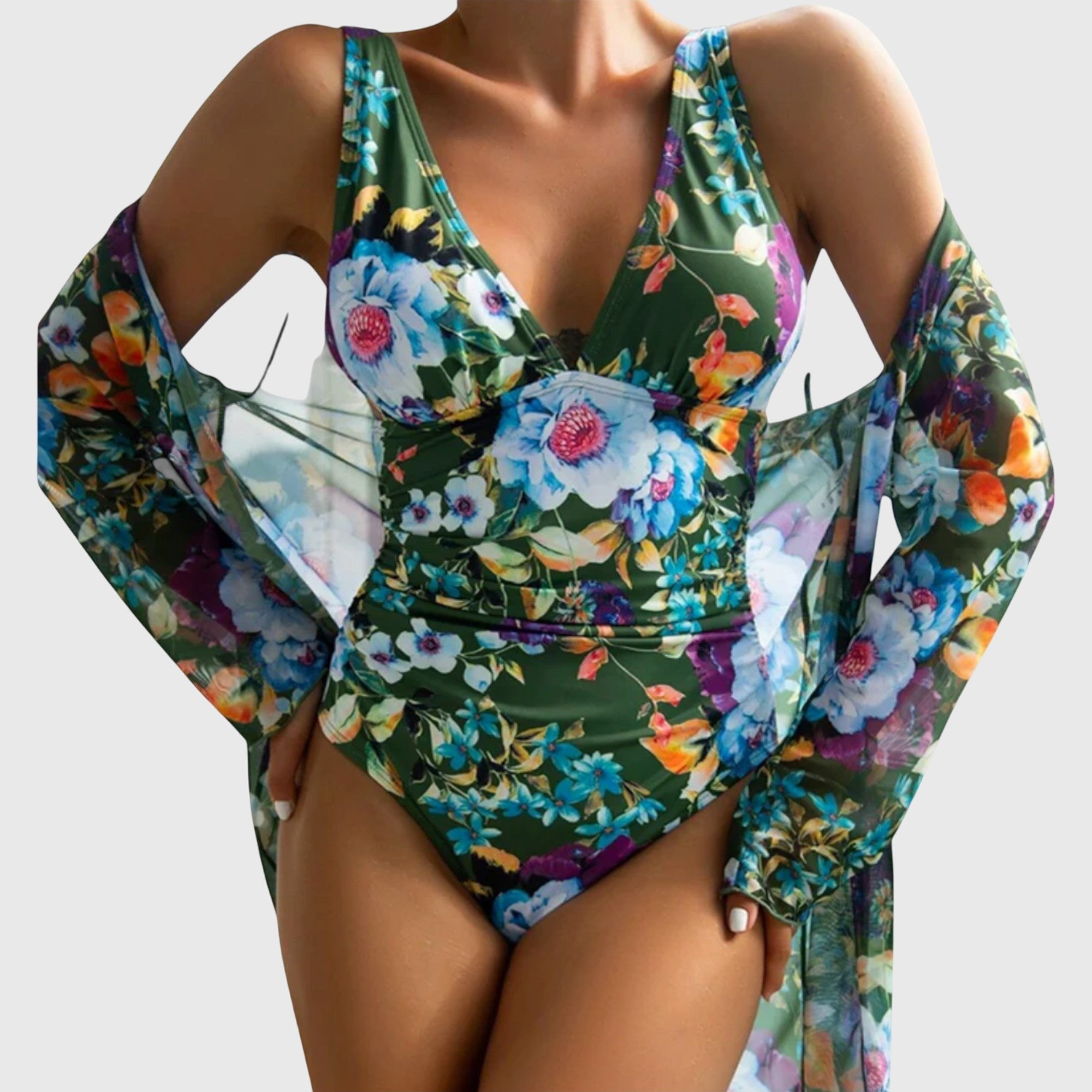 Women's Floral V-Neck Swimsuit Set - Green