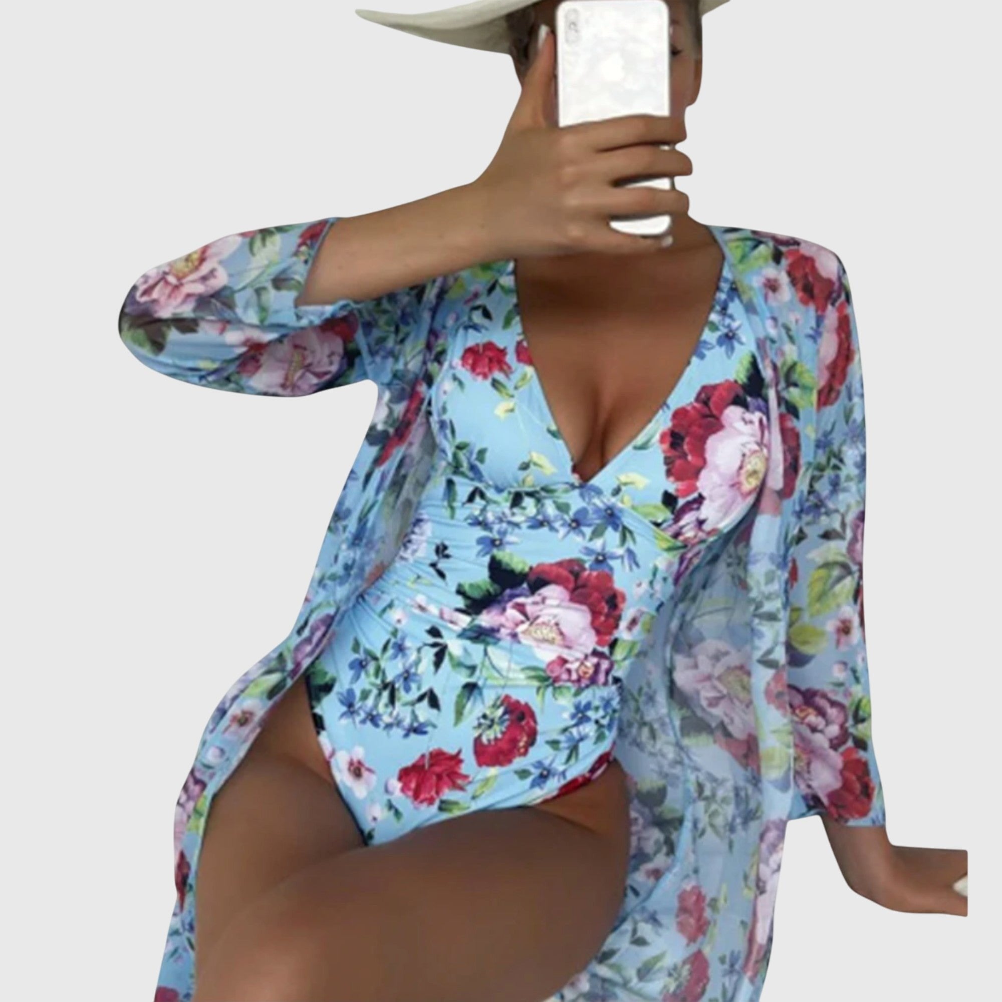 Women's Floral V-Neck Swimsuit Set - Blue