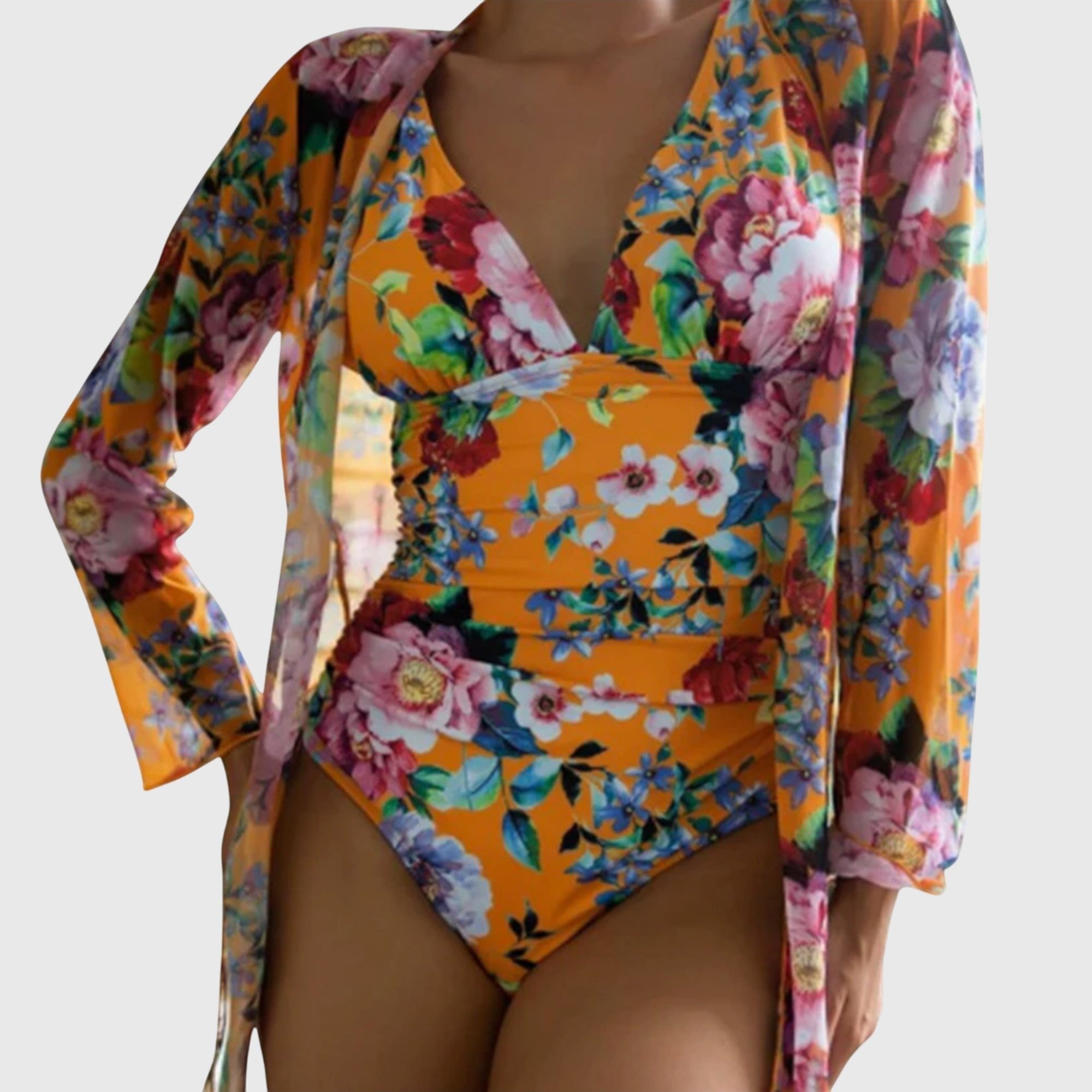 Women's Floral V-Neck Swimsuit Set - Orange