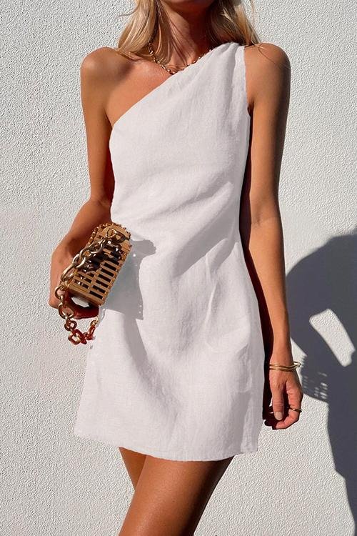 Women's One-Shoulder Linen Mini Dress - White