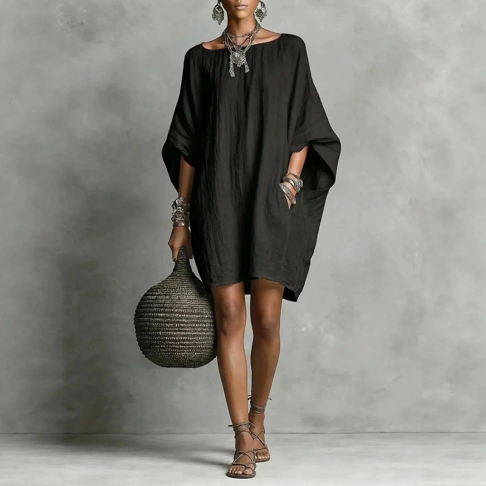 Women's Oversized Off-Shoulder Mini Dress - Black