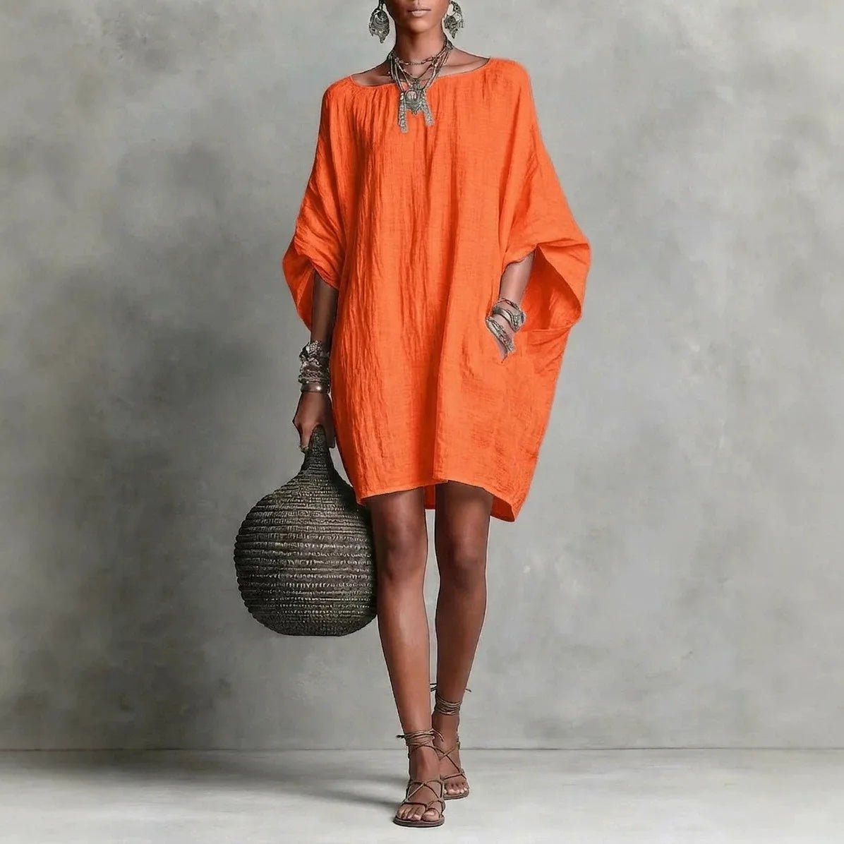 Women's Oversized Off-Shoulder Mini Dress - Orange