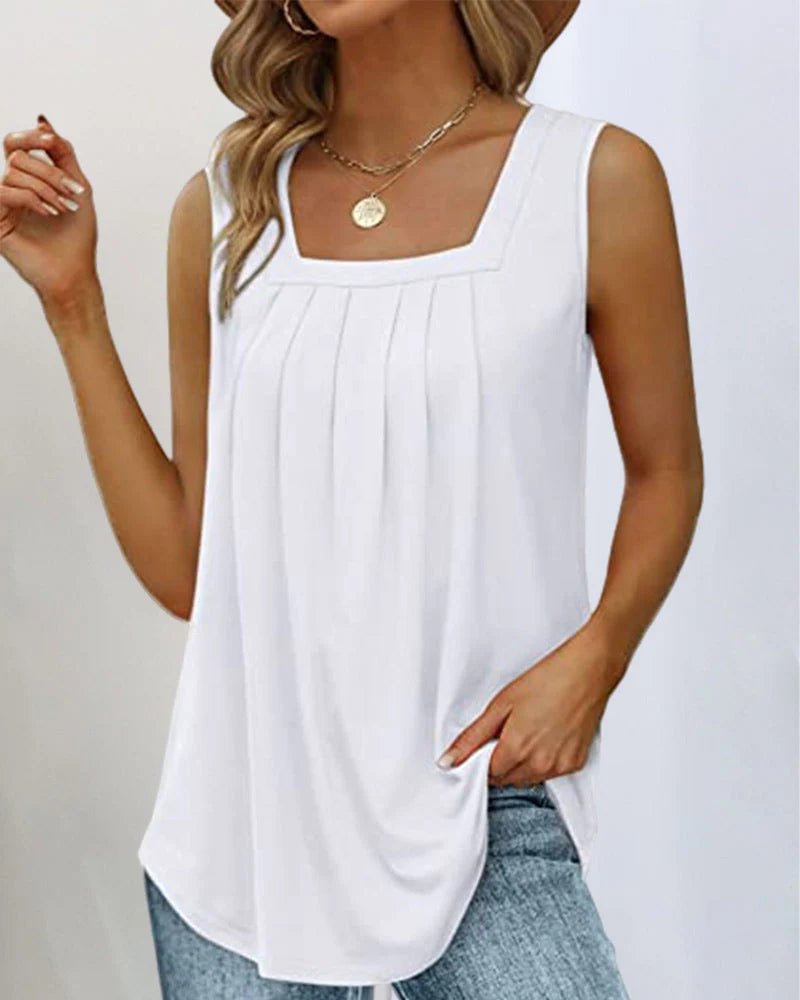 Women's Pleated Square Neck Tank Top - White