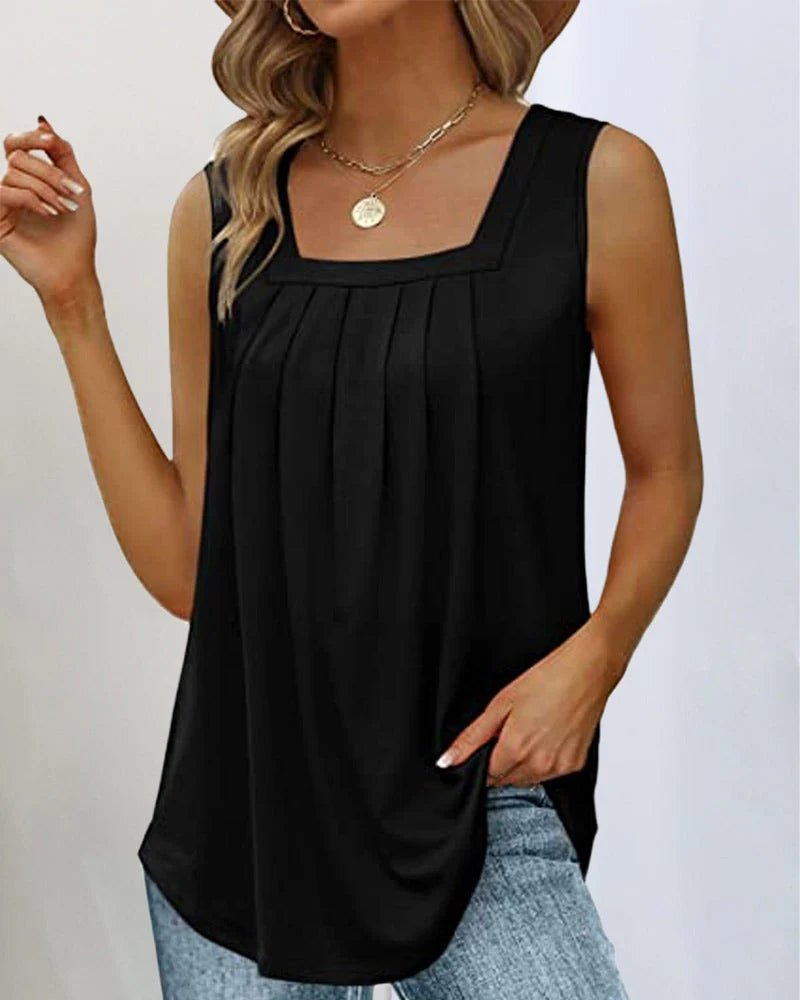 Women's Pleated Square Neck Tank Top - Black