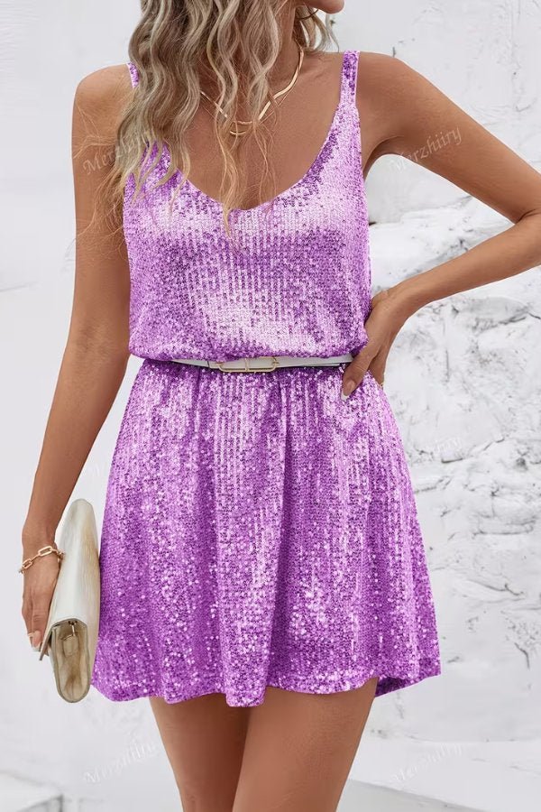 Women's Sequin V-Neck Mini Dress - Purple