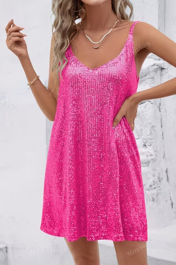 Women's Sequin V-Neck Mini Dress - Red Rose