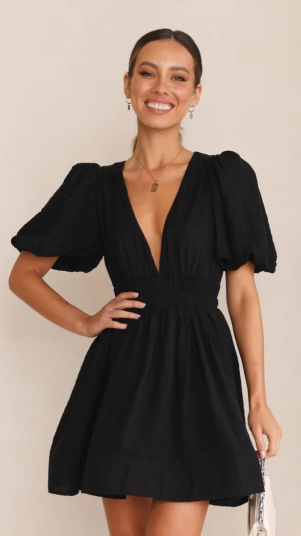 Women's V-Neck Mini Dress - Black