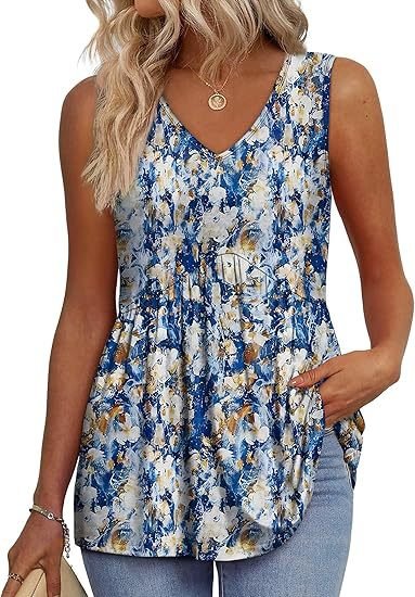 Women's V-Neck Peplum Tank Top - Yellow Blue Flowers