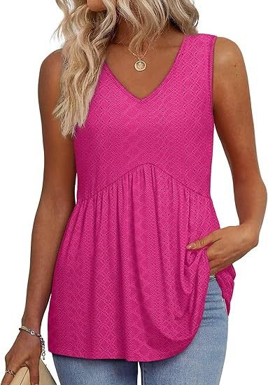 Women's V-Neck Peplum Tank Top - Pink Red