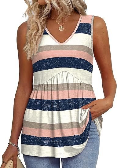 Women's V-Neck Peplum Tank Top - Pink Stripes