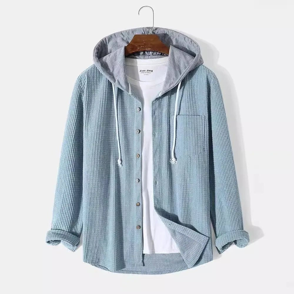 Men's Hooded Knit Shirt Jacket - Light Blue