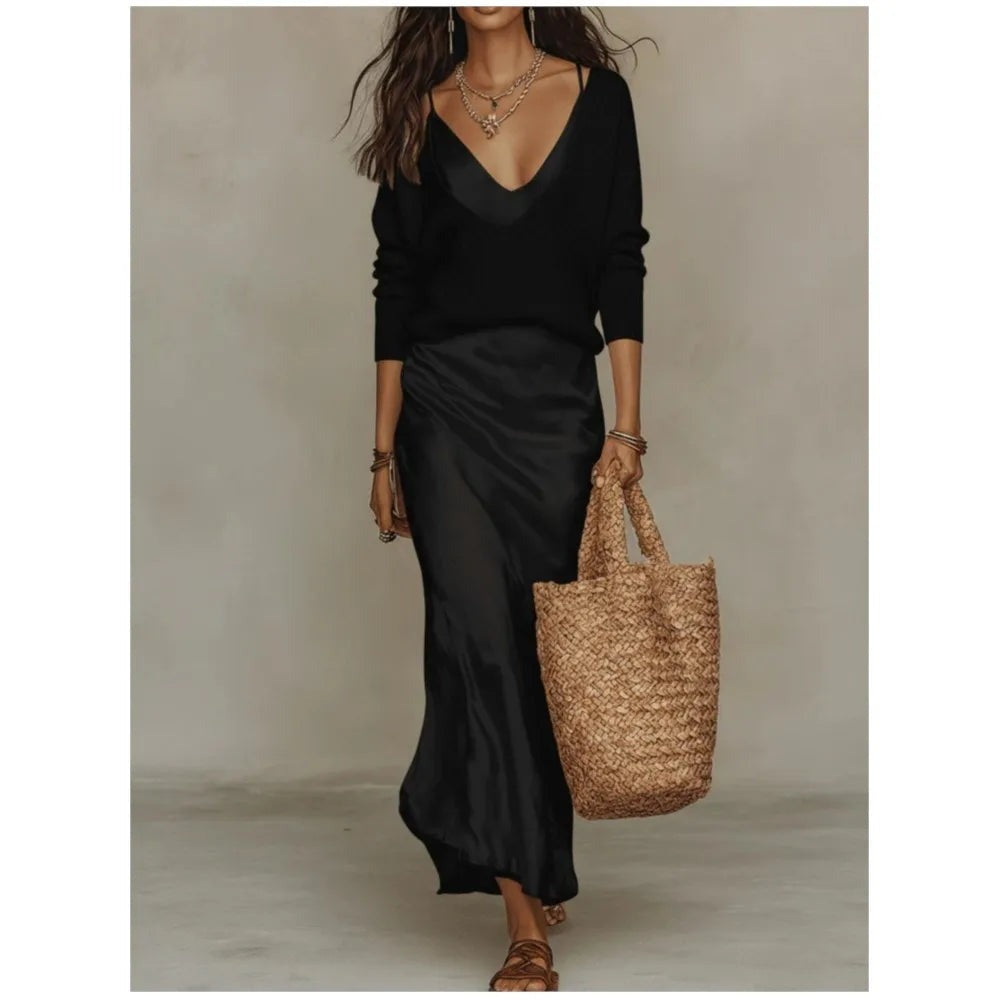Sweater Slip Dress Two Piece Set - Black