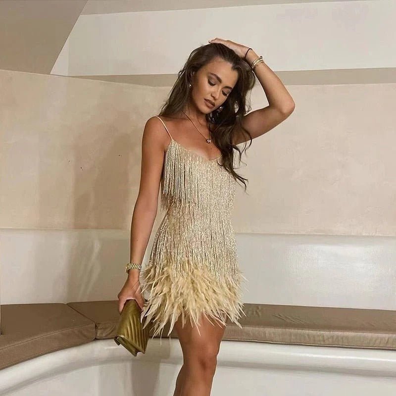 Women's Sequin Fringe Mini Dress - Golden