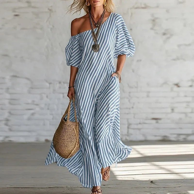 Women's Striped Off-Shoulder Maxi Dress - Blue