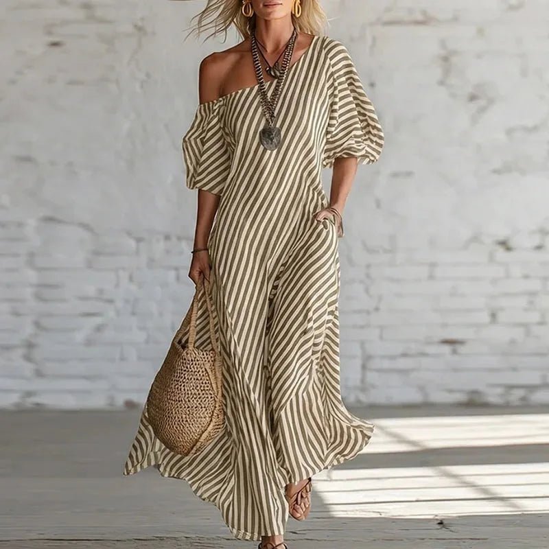 Women's Striped Off-Shoulder Maxi Dress - Khaki