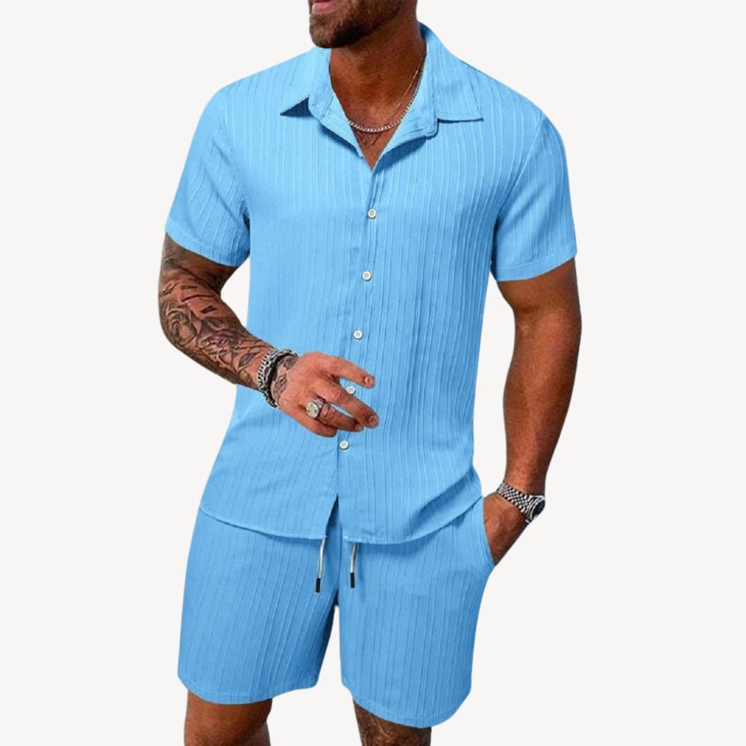 Short Sleeve Shirt Two Piece Set - Light Blue