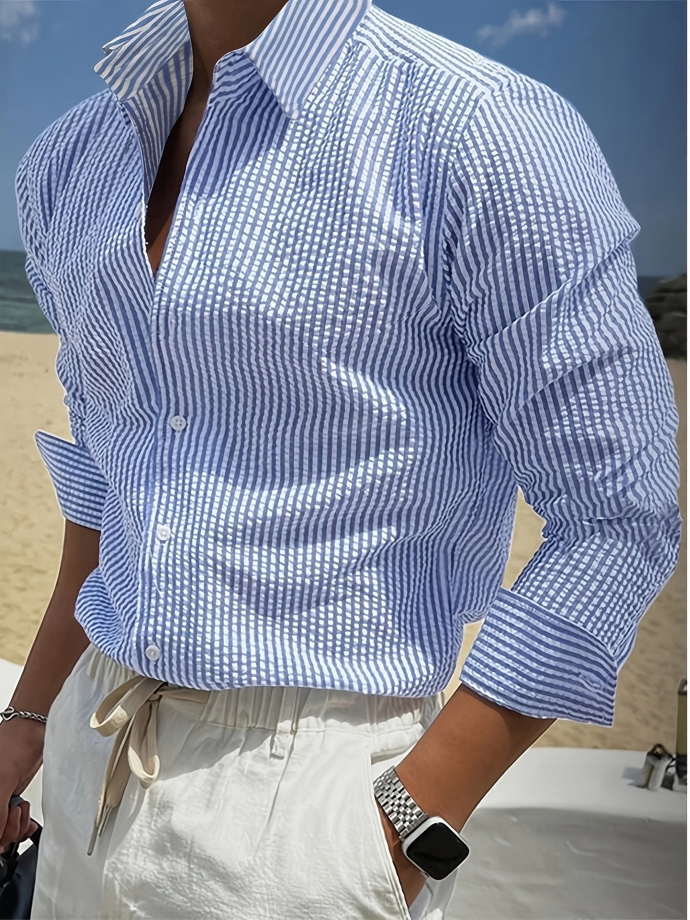 Men's Oversized Striped Seersucker Shirt - Blue and White Stripes