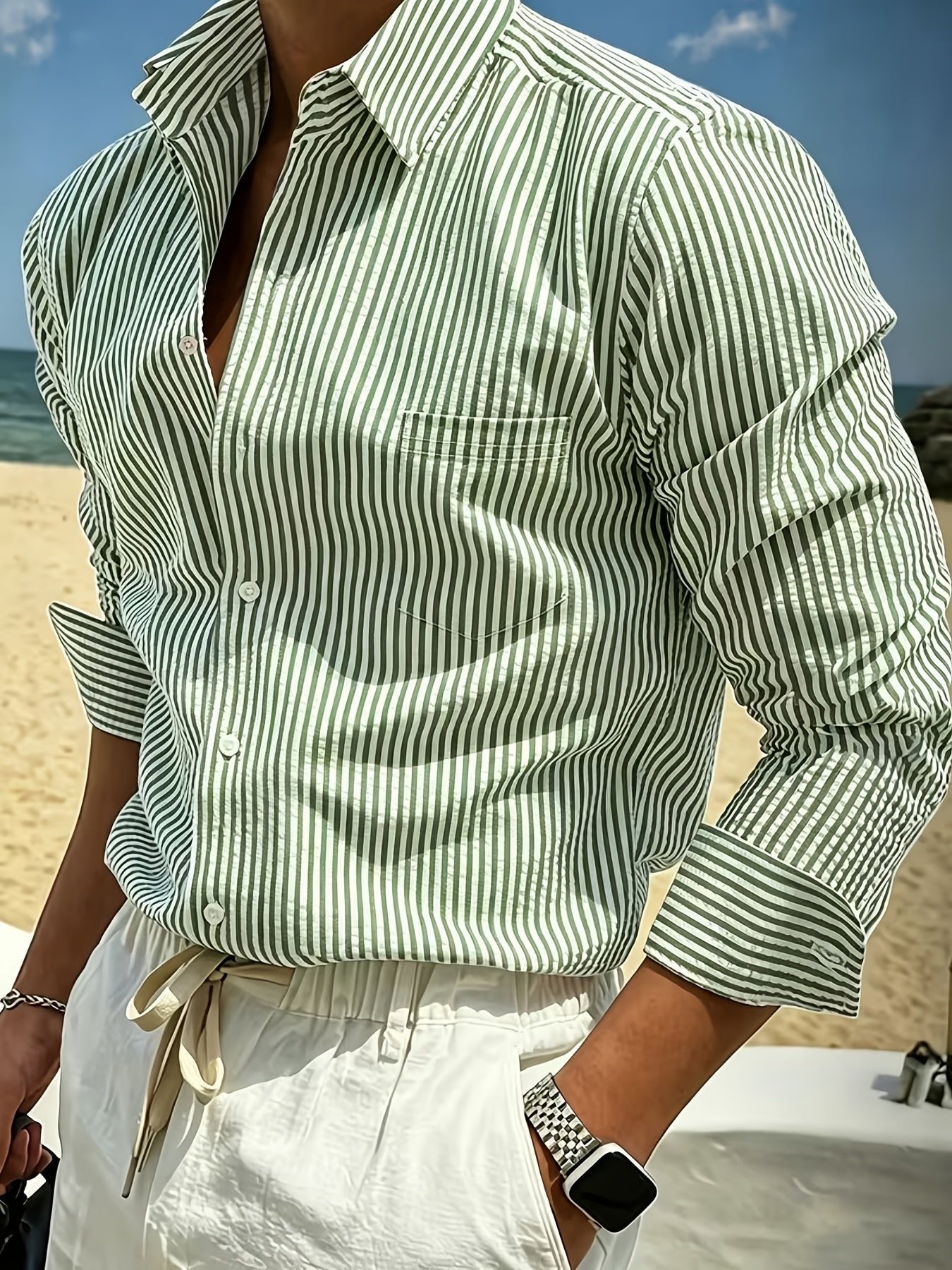 Men's Oversized Striped Seersucker Shirt - Green and White Stripes