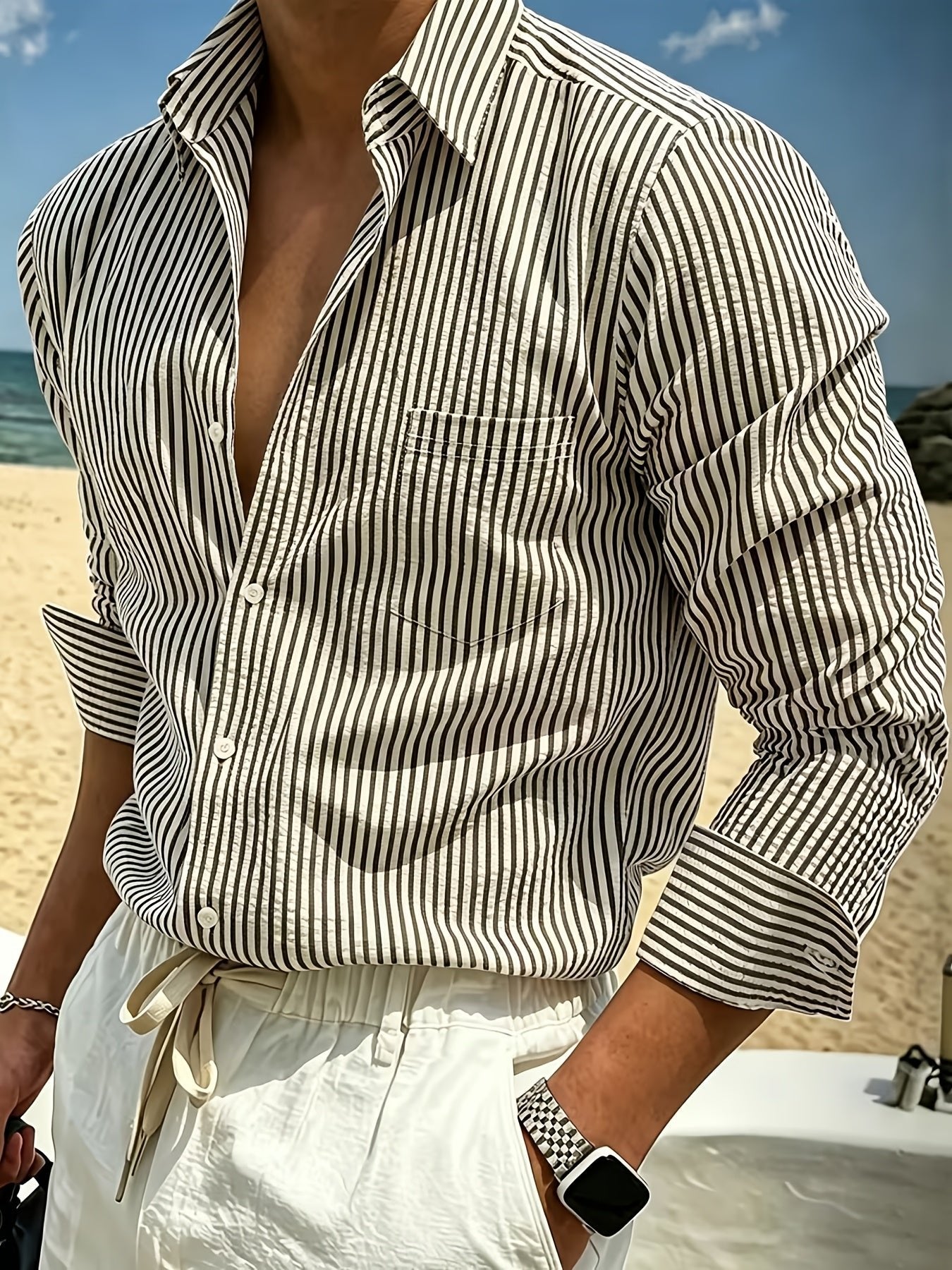 Men's Oversized Striped Seersucker Shirt - Black and White Stripes