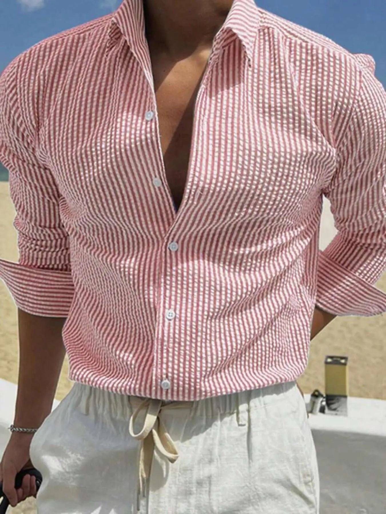 Men's Oversized Striped Seersucker Shirt - Red and White Stripes