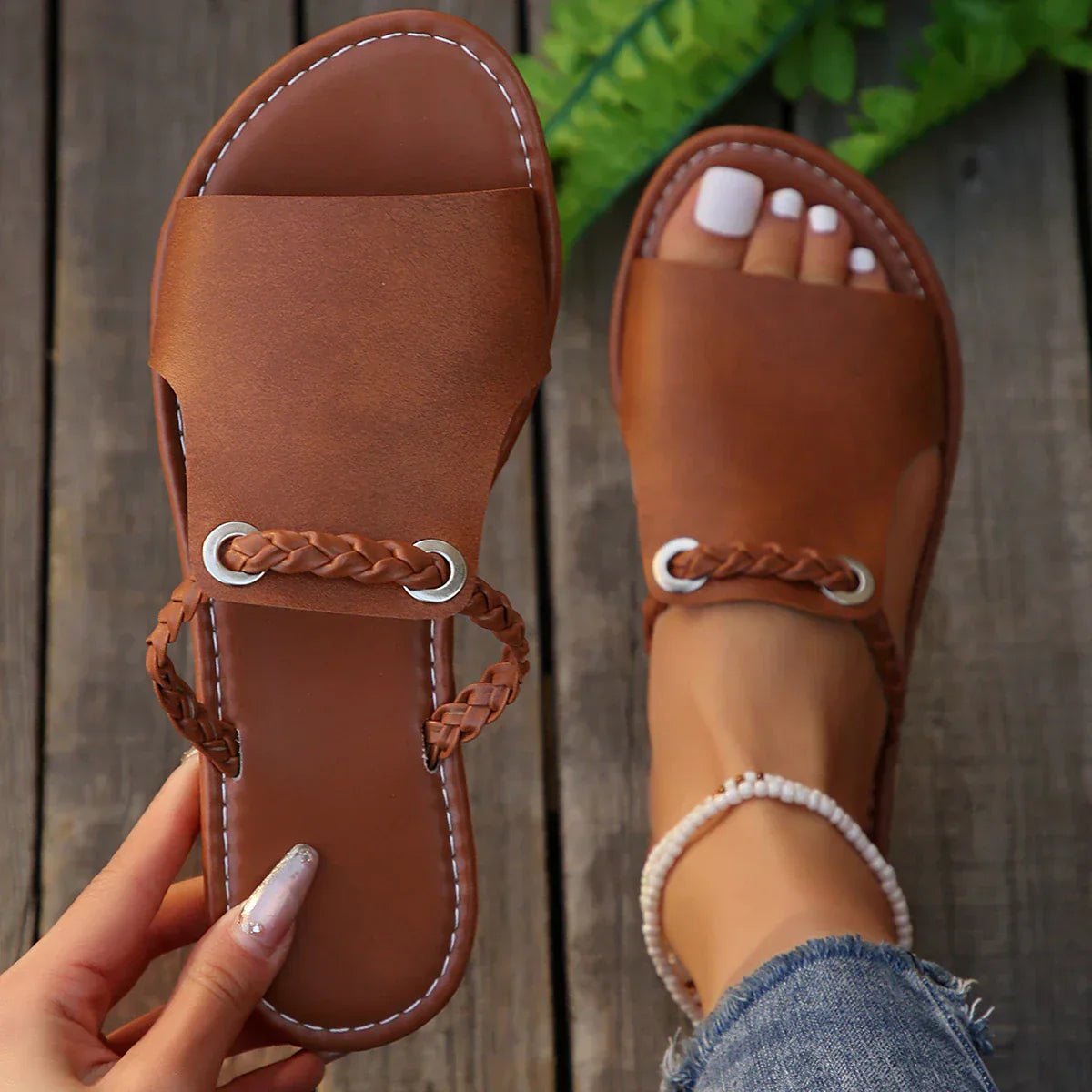 Women's Faux Leather Beach Sandals - Chocolate