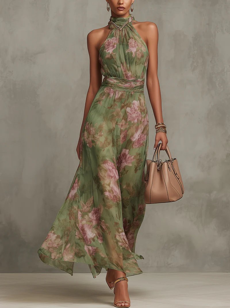 Women's Floral Halter Maxi Dress - Green