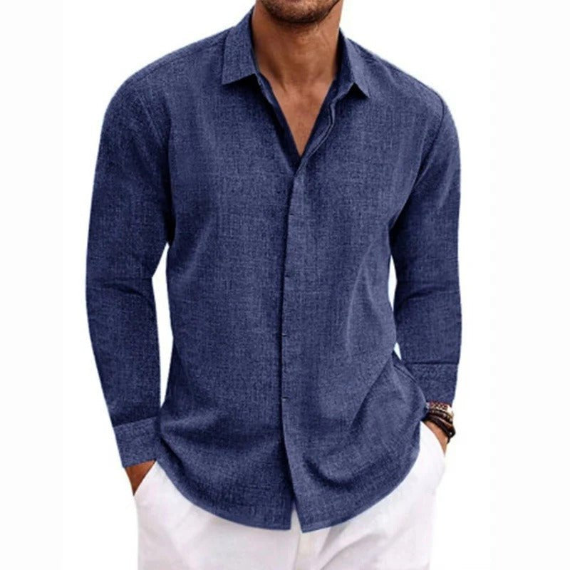 Men's Linen-Cotton Button-Up Shirt - Navy Blue
