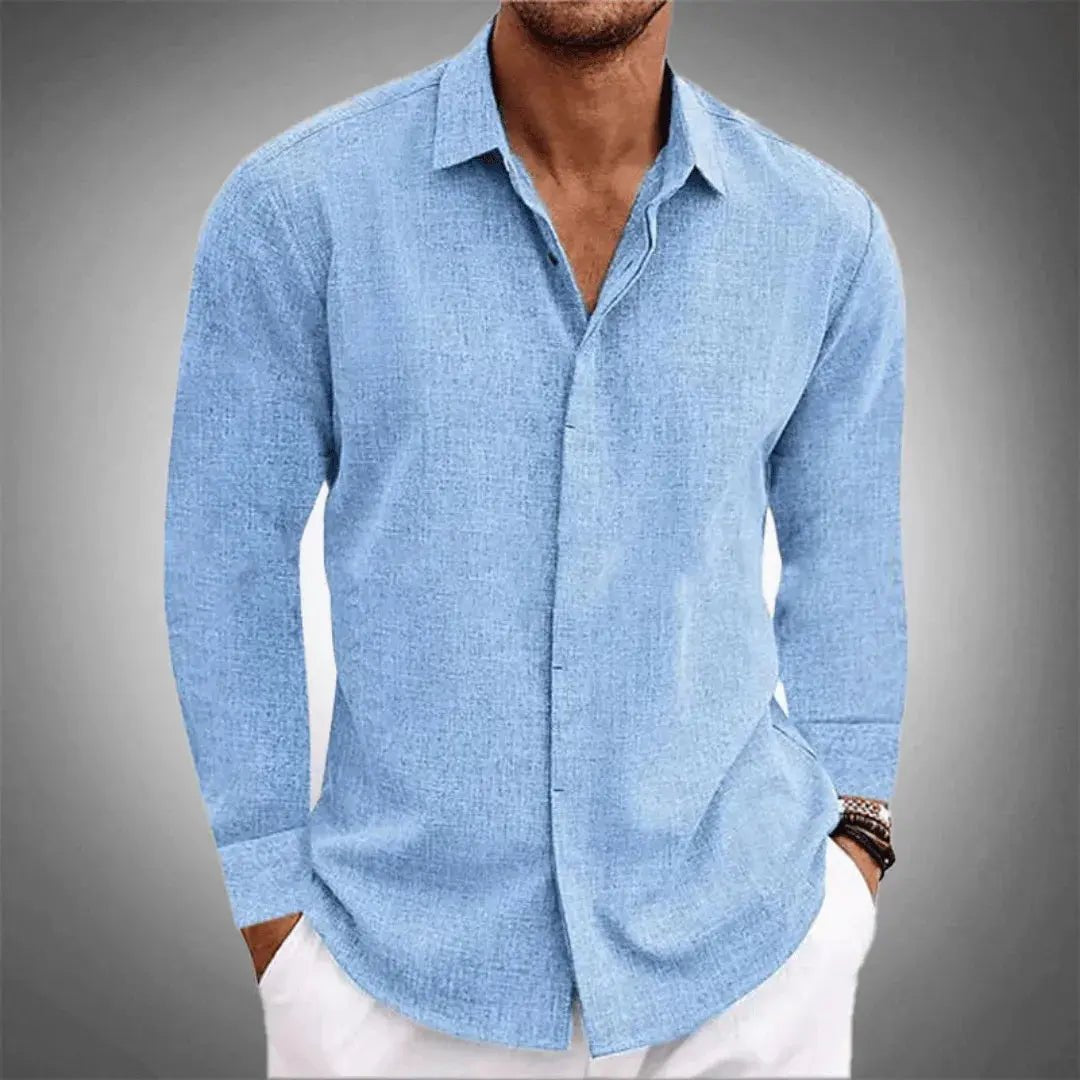 Men's Linen-Cotton Button-Up Shirt - Light Blue