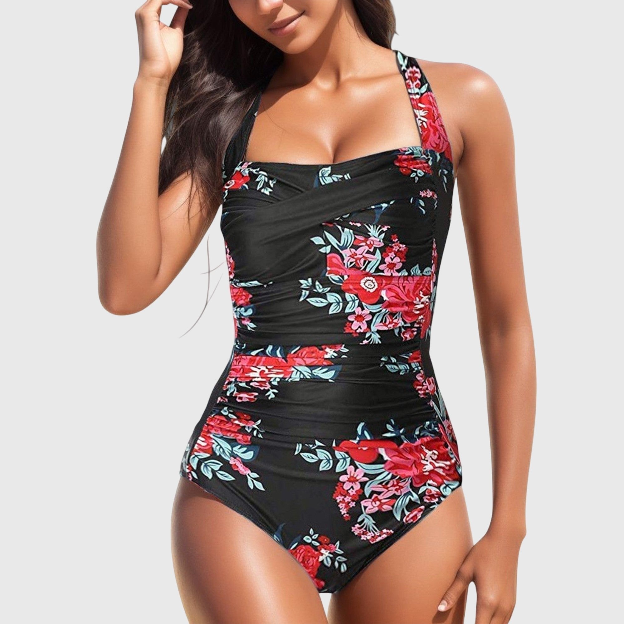 Women's Floral One-Piece Swimsuit - Black-Red