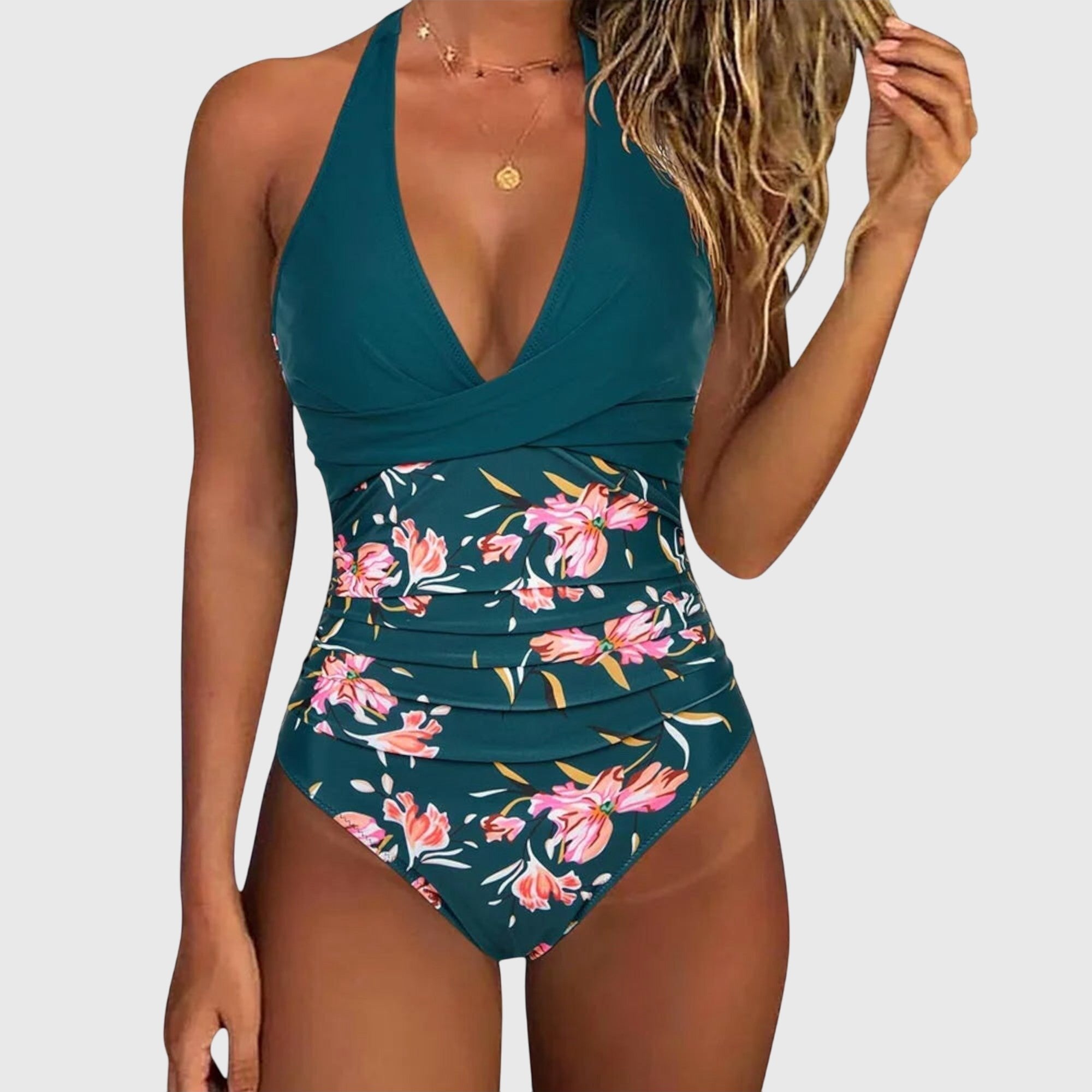 Women's Floral V-Neck Swimsuit - Deep Sea Green