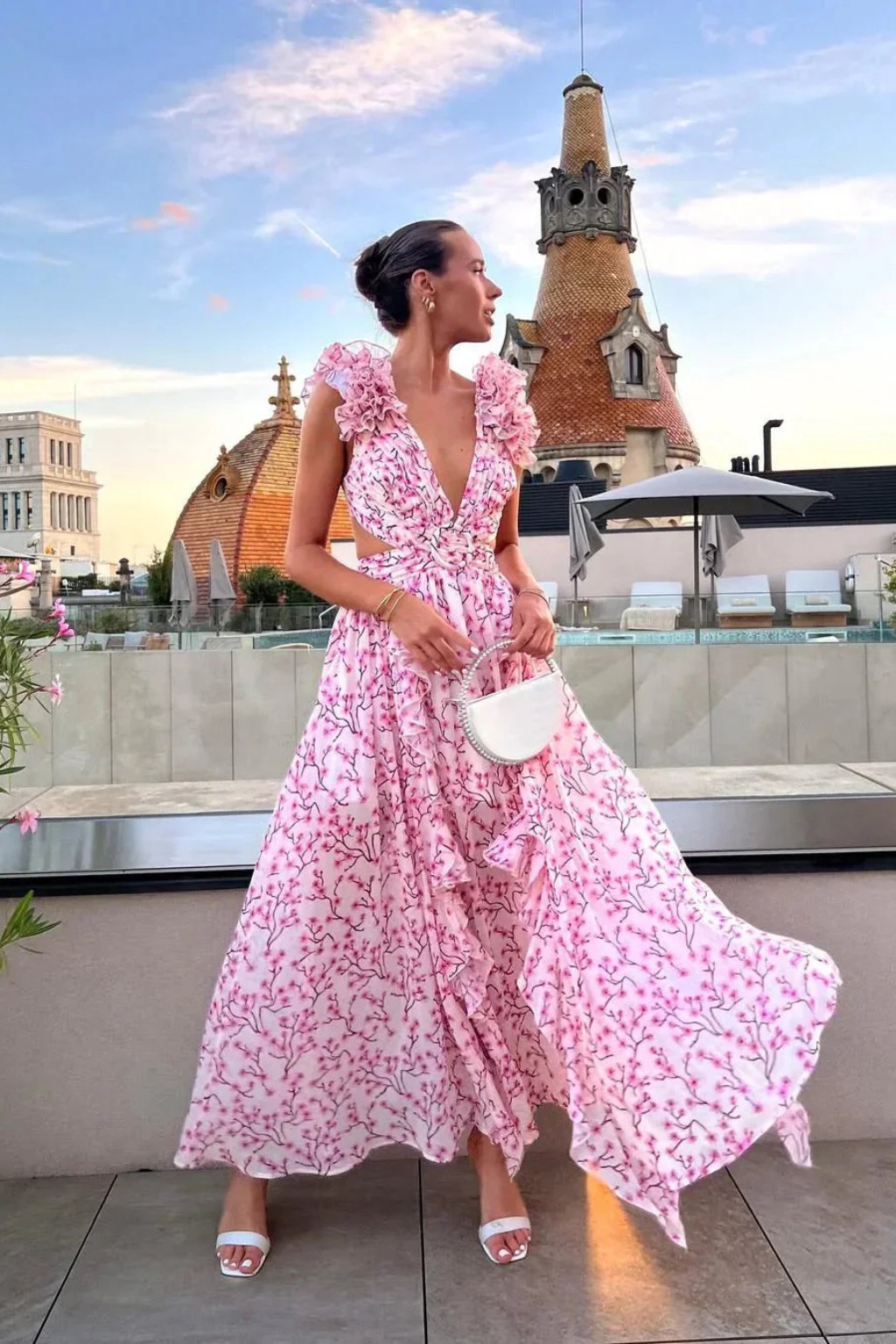 Women's Floral V-Neck Wedding Guest Maxi Dress