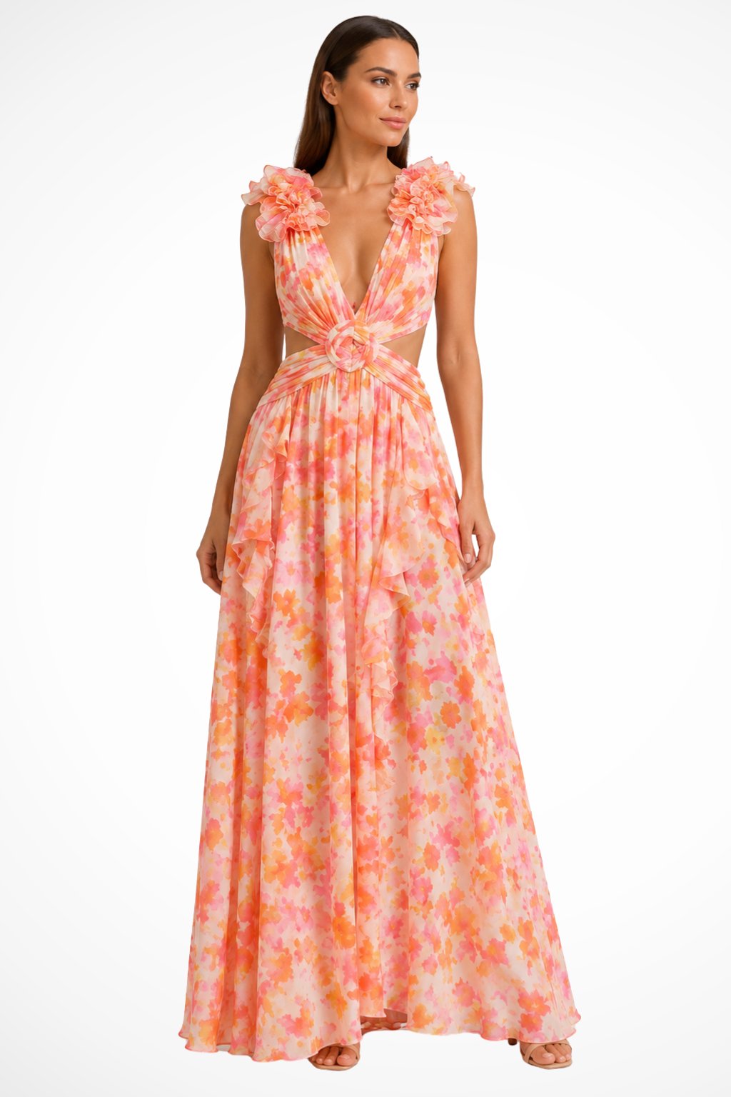 Women's Floral V-Neck Wedding Guest Maxi Dress - Orange