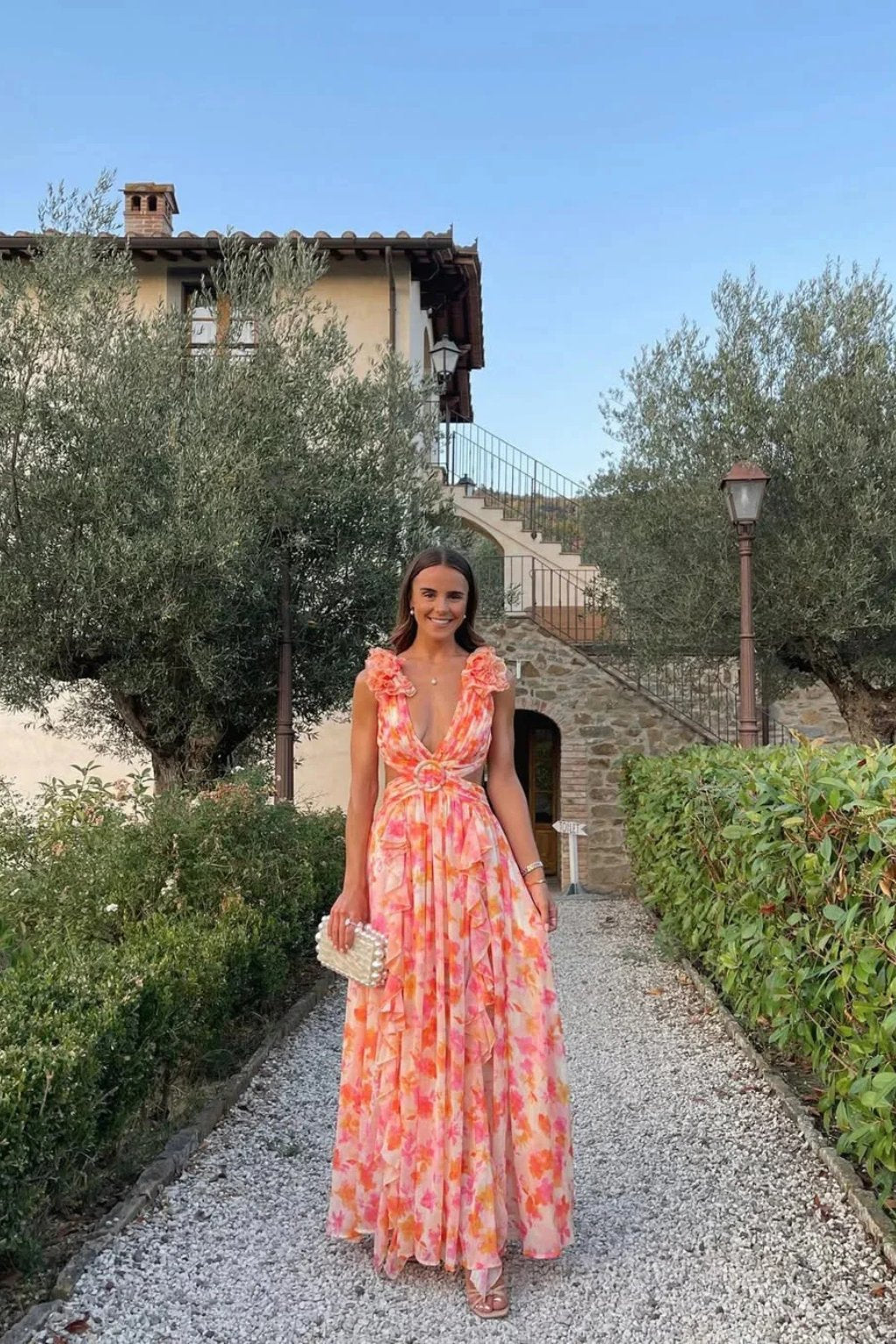 Women's Floral V-Neck Wedding Guest Maxi Dress