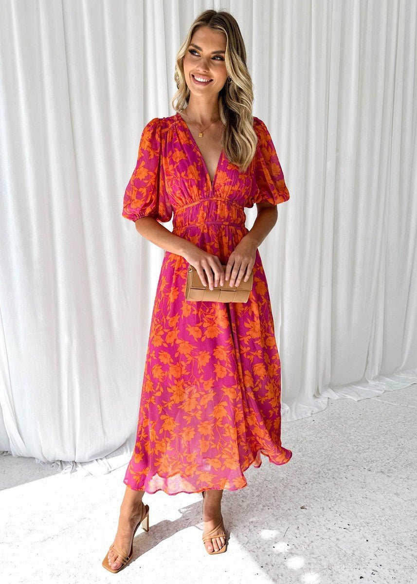 Women's Floral Wedding Guest Maxi Dress - Pink-Orange