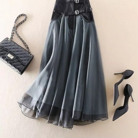 Women's High-Waisted Midi Skirt - Black + Gray